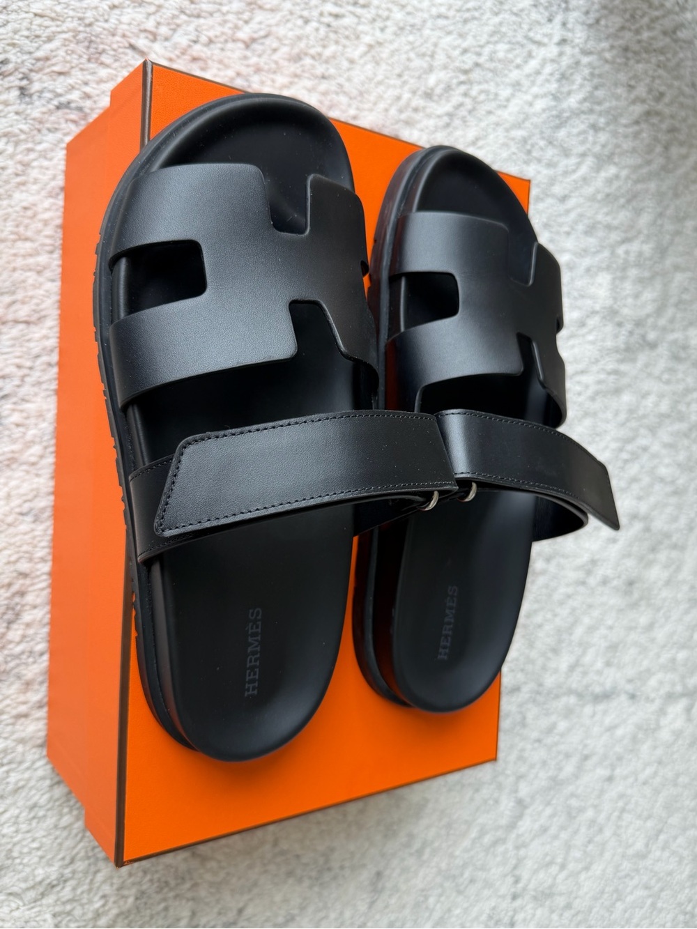 Hermes Black Leather Oran-Style Slide Sandals - Picture 4 of 9